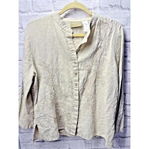 EUC Linen Liz Claiborne Embroidered Blouse L Large